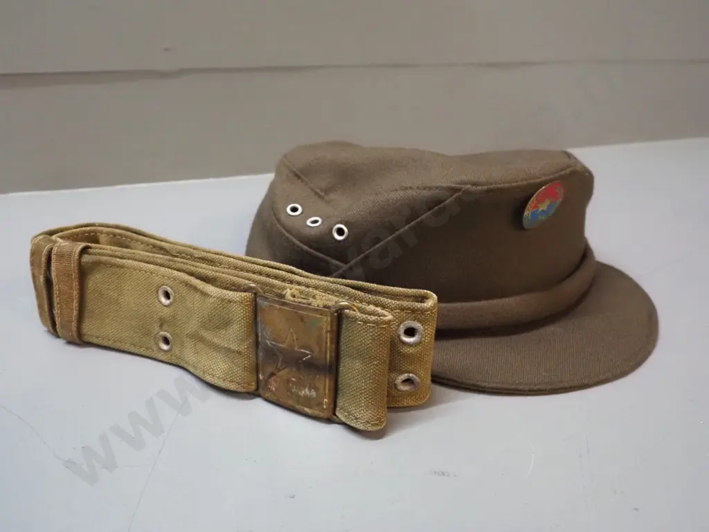 Vietnam war / North Vietnam war collectables: 1967 Vietcong banner and 1969 (unit flag?) cap with badge and a canvas Image 1++