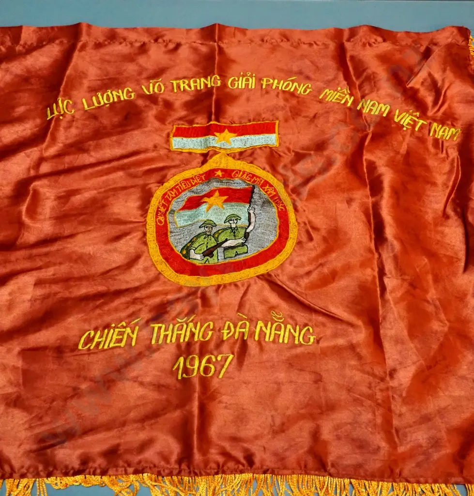 Vietnam war / North Vietnam war collectables: 1967 Vietcong banner and 1969 (unit flag?) cap with badge and a canvas Image 1++
