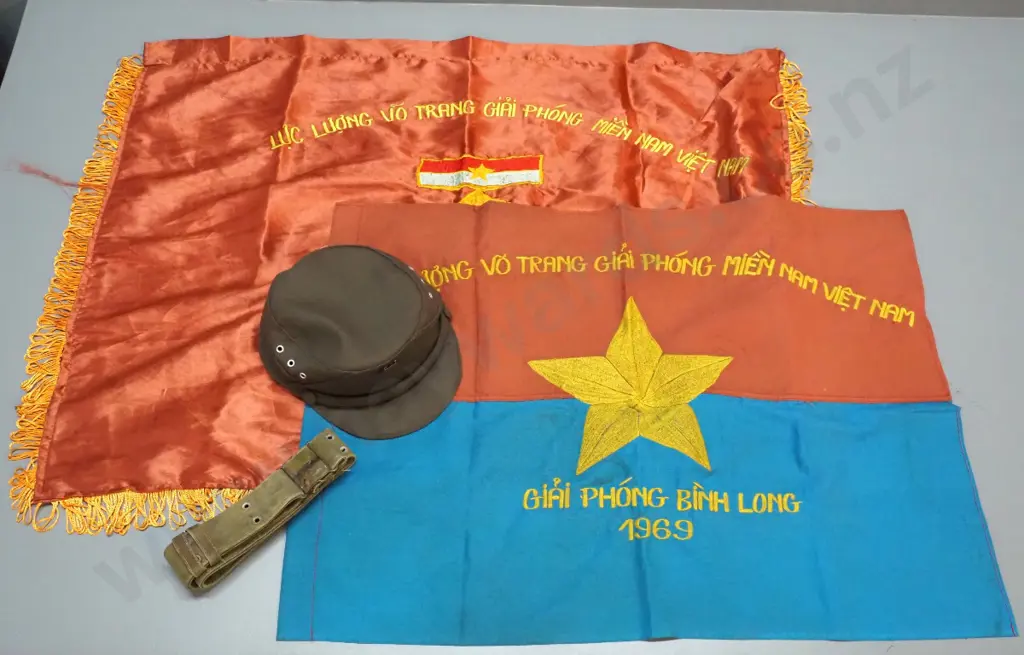 Vietnam war / North Vietnam war collectables: 1967 Vietcong banner and 1969 (unit flag?) cap with badge and a canvas Image 1++