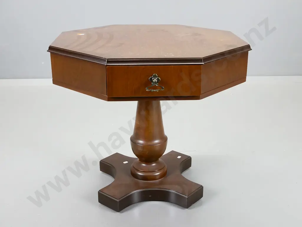 reproduction walnut and beech octagonal top occasional table with drawer on turned column 4-point base Image 1++