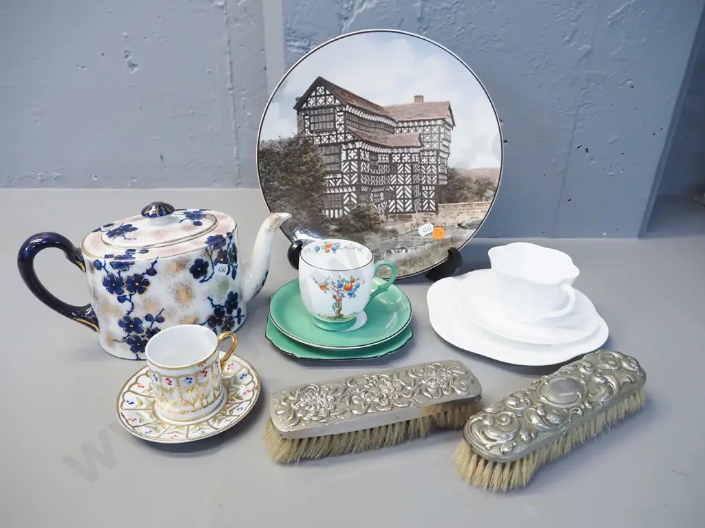 2 Shelley trios, a Victorian flow blue teapot, Royal Doulton Tudor mansion plate D-270, 2 clothes brushes, Crown coffee Image 1++