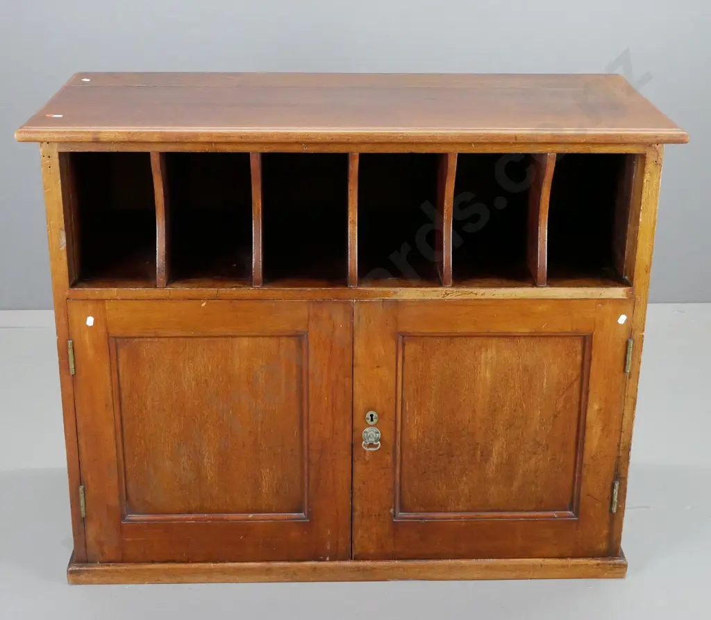 antique cedar(?) storage cabinet with open pigeonholes, 2 doors with brass drop handle, key escutcheon, no key - has Image 1++