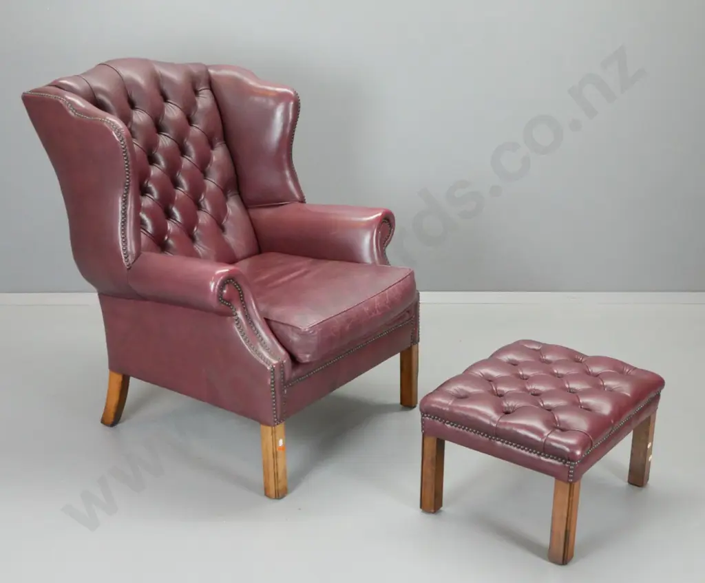 traditional deep-button & studded burgundy leather wing chair & foot-stool. Some age wear to leather H1020 W800 D880 Image 1++