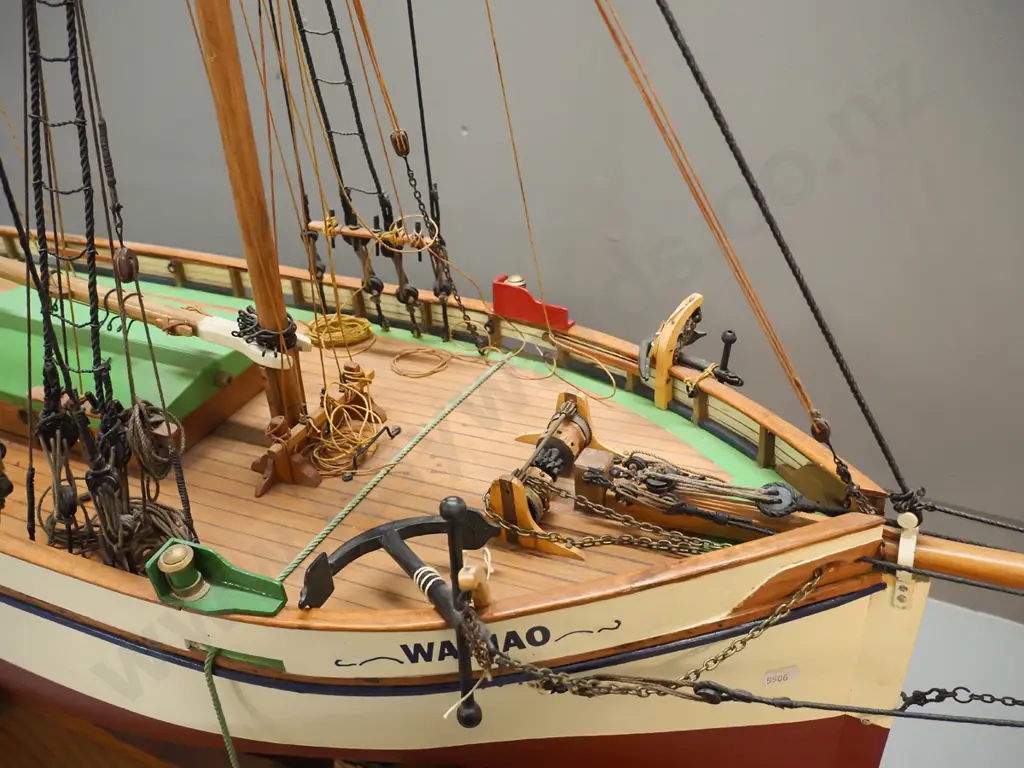 large and detailed timber ship model - the cutter Waihao, rigged, no sails, on wooden stand (Pick up only) Image 1++