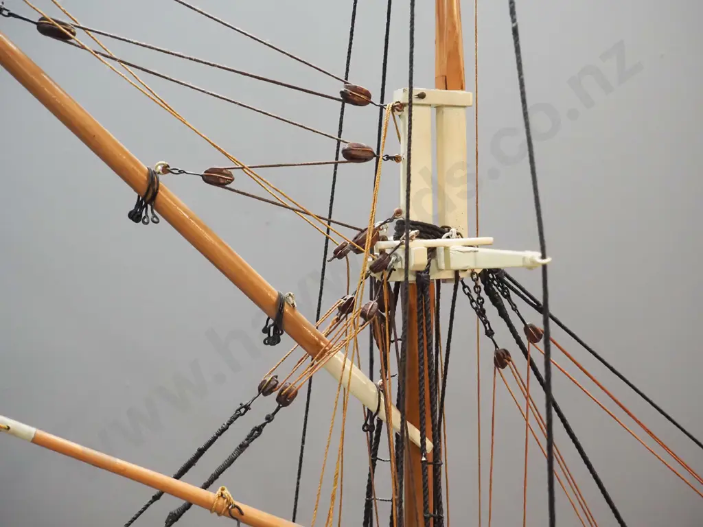 large and detailed timber ship model - the cutter Waihao, rigged, no sails, on wooden stand (Pick up only) Image 1++