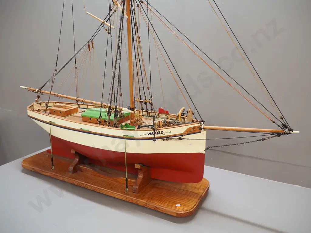 large and detailed timber ship model - the cutter Waihao, rigged, no sails, on wooden stand (Pick up only) Image 1++