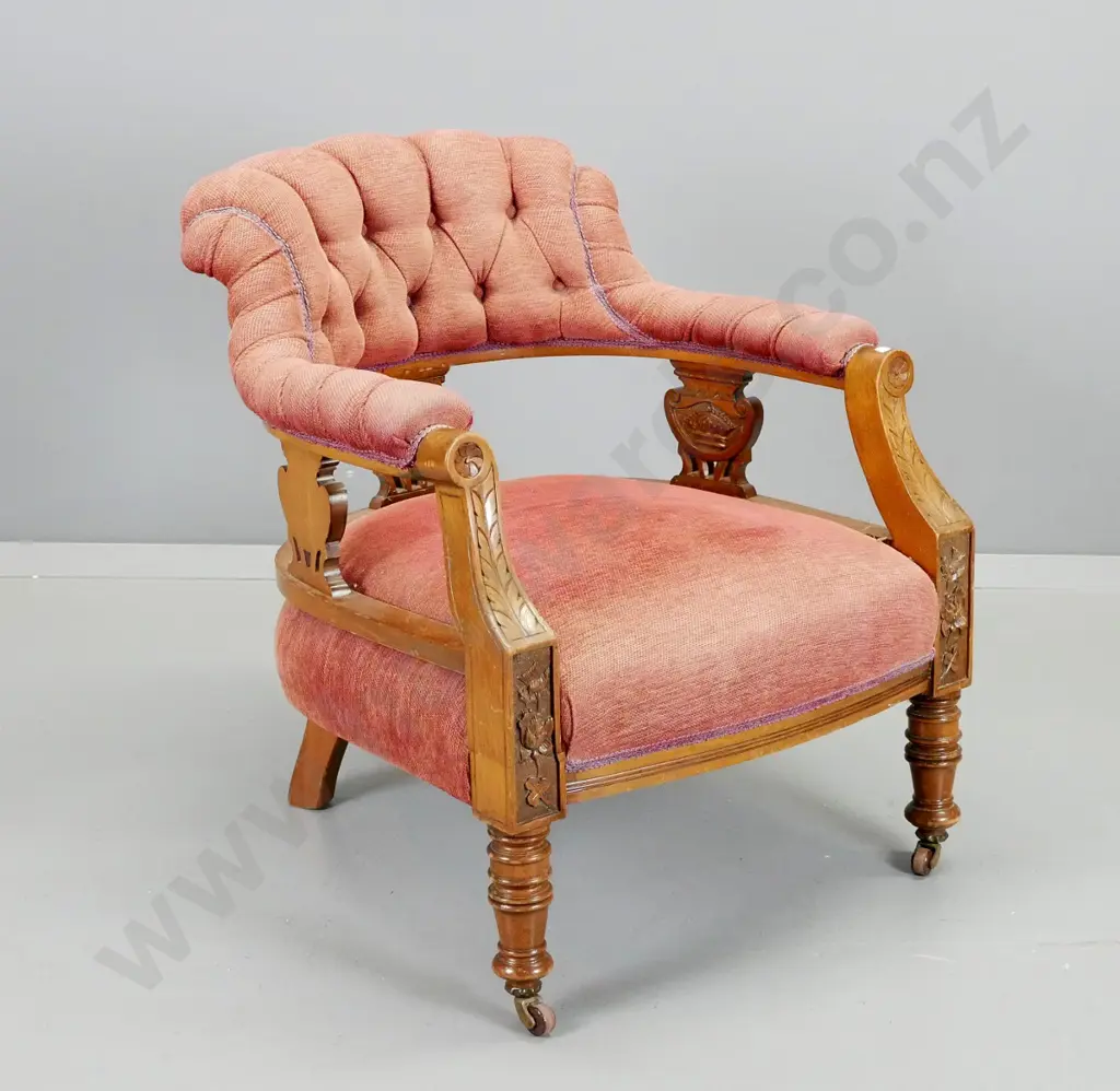 Edwardian mahogany tub lounge chair w/ carved detail, textured tweed fabric, deep-button back with cording, on original Image 1++