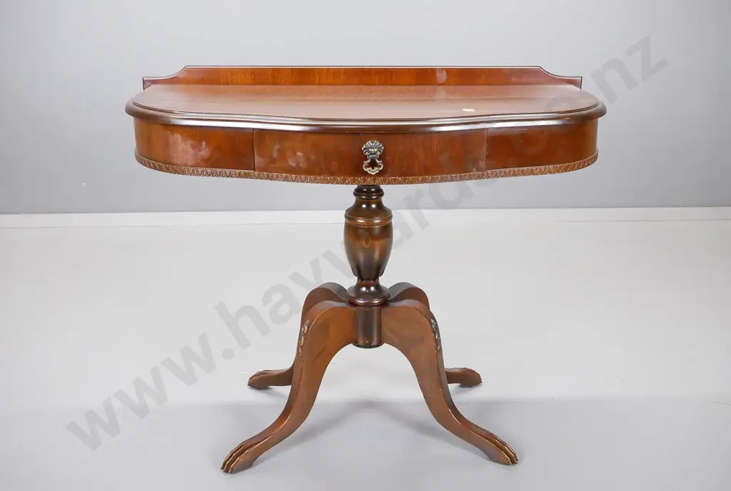 reproduction walnut serpentine-front side table with drawer on turned vase pedestal having Image 1++