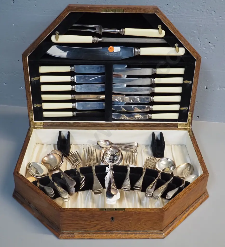 oak canteen of cutlery - 6 place, carving set and knives are bone handled, carving knife marked Viner's Sheffield. Image 1++