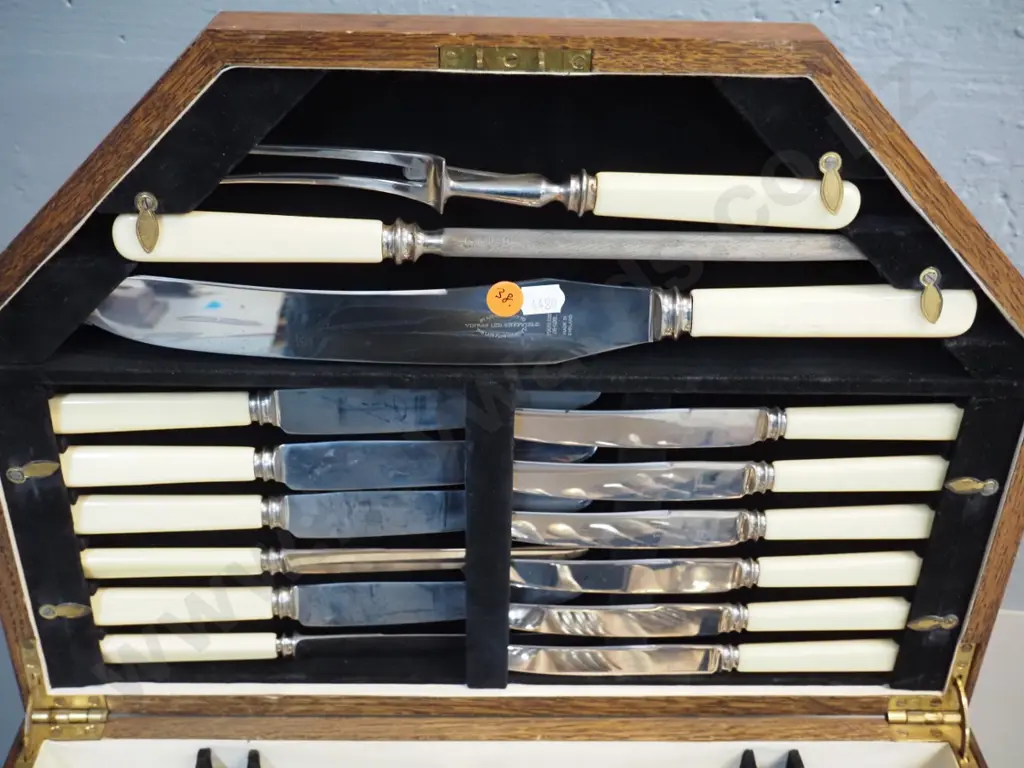 oak canteen of cutlery - 6 place, carving set and knives are bone handled, carving knife marked Viner's Sheffield. Image 1++