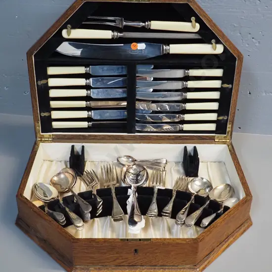 oak canteen of cutlery - 6 place, carving set and knives are bone handled, carving knife marked Viner's Sheffield.