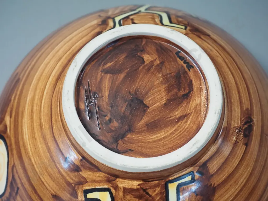 studio pottery bowl with stylised nude figures - marked "Love" with unknown potter's mark H-125 D-260 Image 1++