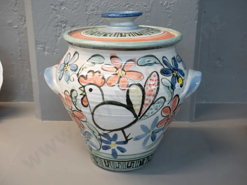 large hand painted floral & rooster pattern pottery lidded handled large jar - manufacturing flaw on base H-370 D-350 Image 1++