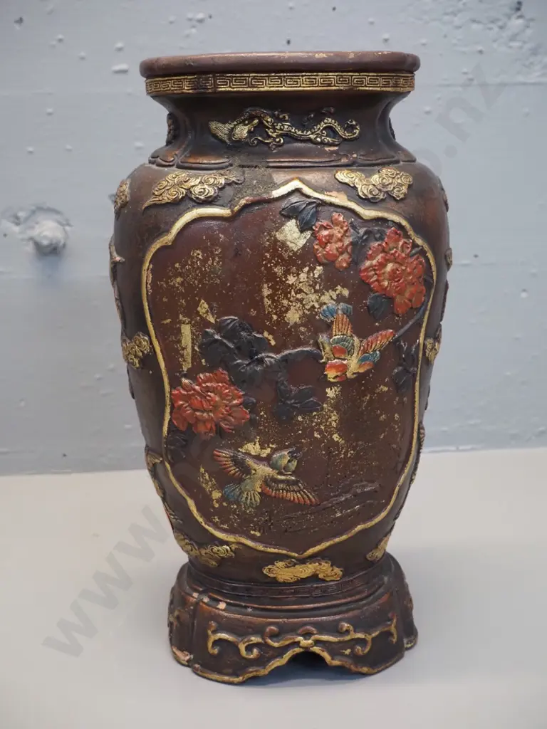 vintage Chinese terracotta lidded urn with figural, bird and peony motifs - chip to figure on lid H-410 W-170 Image 1++