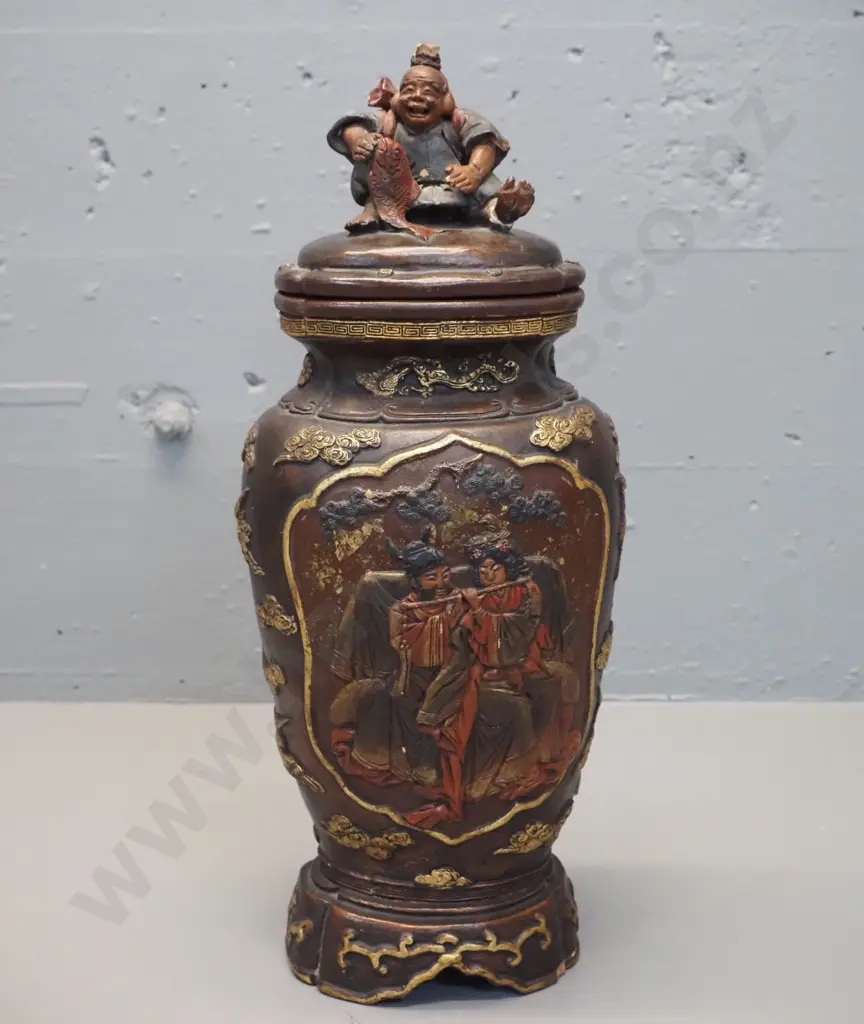vintage Chinese terracotta lidded urn with figural, bird and peony motifs - chip to figure on lid H-410 W-170 Image 1++