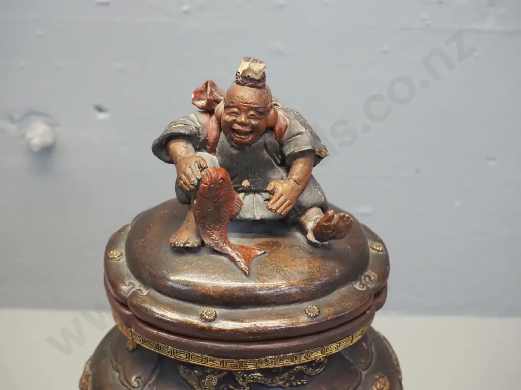 vintage Chinese terracotta lidded urn with figural, bird and peony motifs - chip to figure on lid H-410 W-170 Image 1++