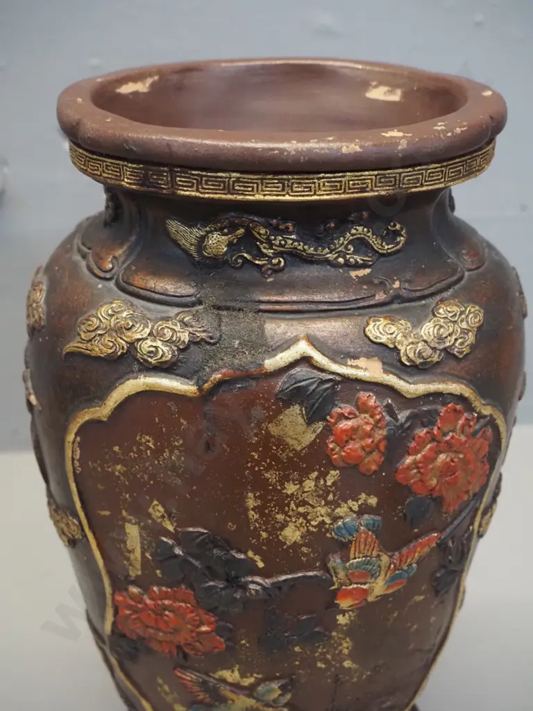 vintage Chinese terracotta lidded urn with figural, bird and peony motifs - chip to figure on lid H-410 W-170 Image 1++