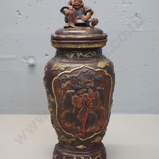 vintage Chinese terracotta lidded urn with figural, bird and peony motifs - chip to figure on lid H-410 W-170
