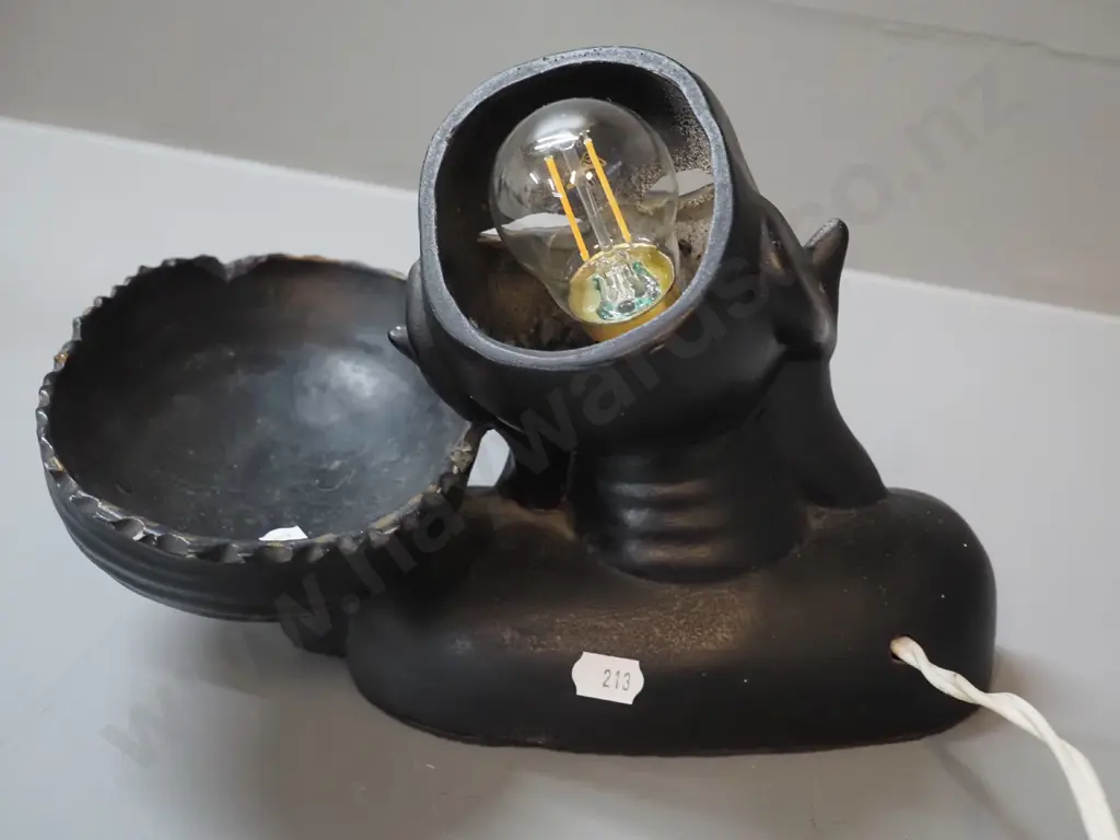 retro figural open-top pottery table lamp w/black and gold finish (missing original shade?) H-180 W-250 Image 1++
