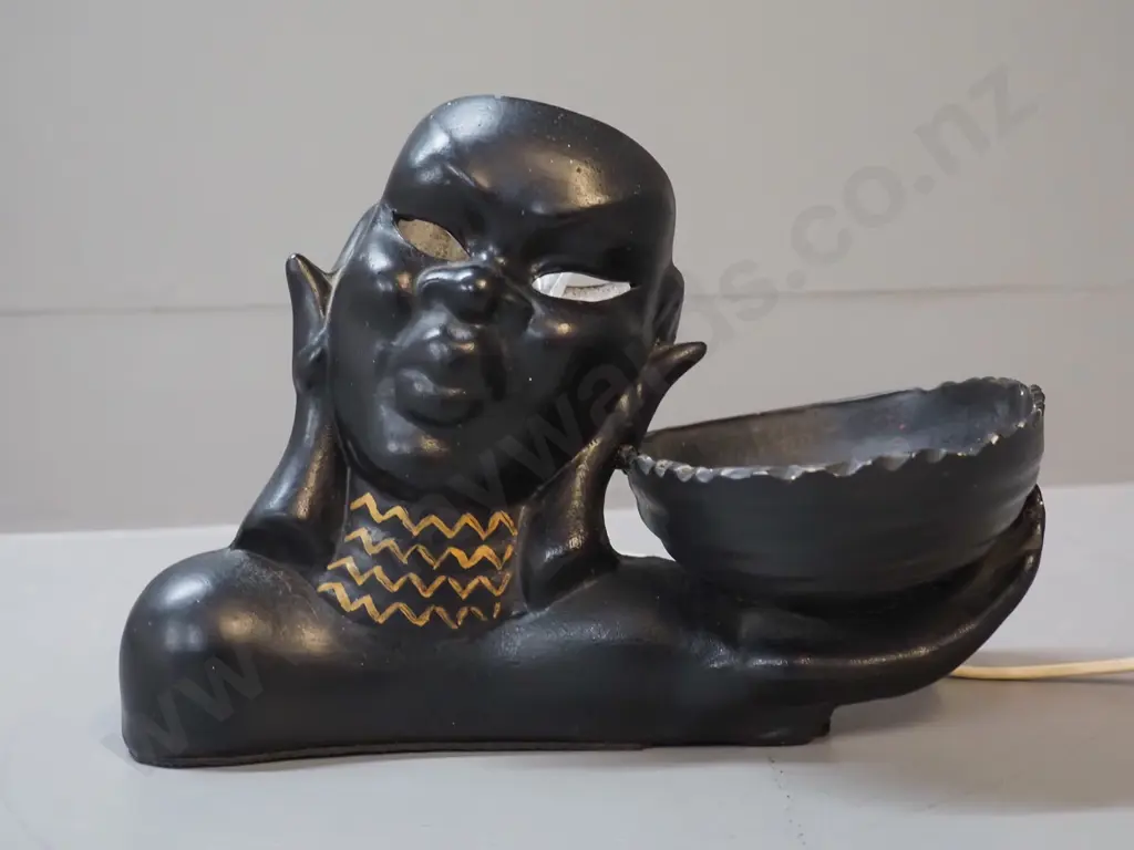 retro figural open-top pottery table lamp w/black and gold finish (missing original shade?) H-180 W-250 Image 1++