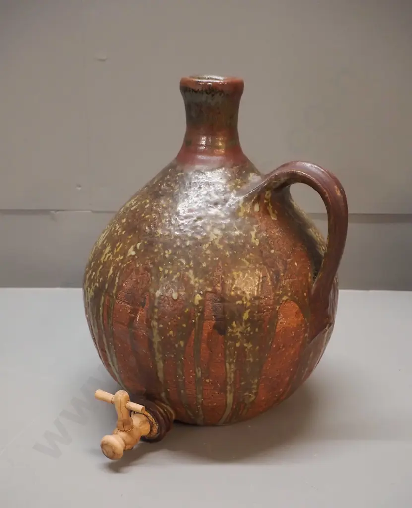 studio pottery handled drinks dispenser with timber tap & spigot - no maker's mark. Small fleck on handle. H-300 W-230 Image 1++