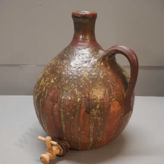 studio pottery handled drinks dispenser with timber tap & spigot - no maker's mark. Small fleck on handle. H-300 W-230