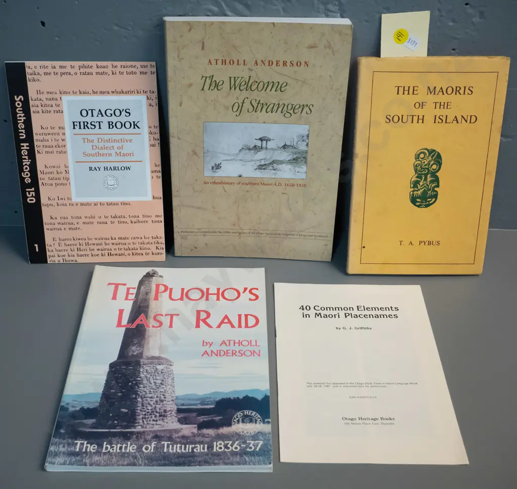 5 publications on South Island Maori topics: Te Puoho's Last Stand, Otago's First Book, Atholl Anderson, TA Pybus etc. Image 1++