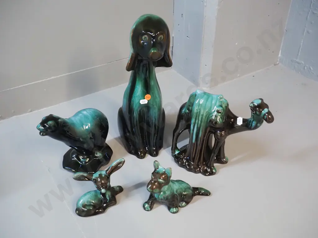 5 Blue Mountain Pottery animal figures - fawn, camel, polar bear, small terrier and large dog H-360 Image 1++