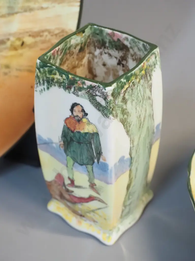 3 pieces of Royal Doulton - Shakespeare Rosamund small bowl, Under the Green Wood Tree small vase and a village scene Image 1++