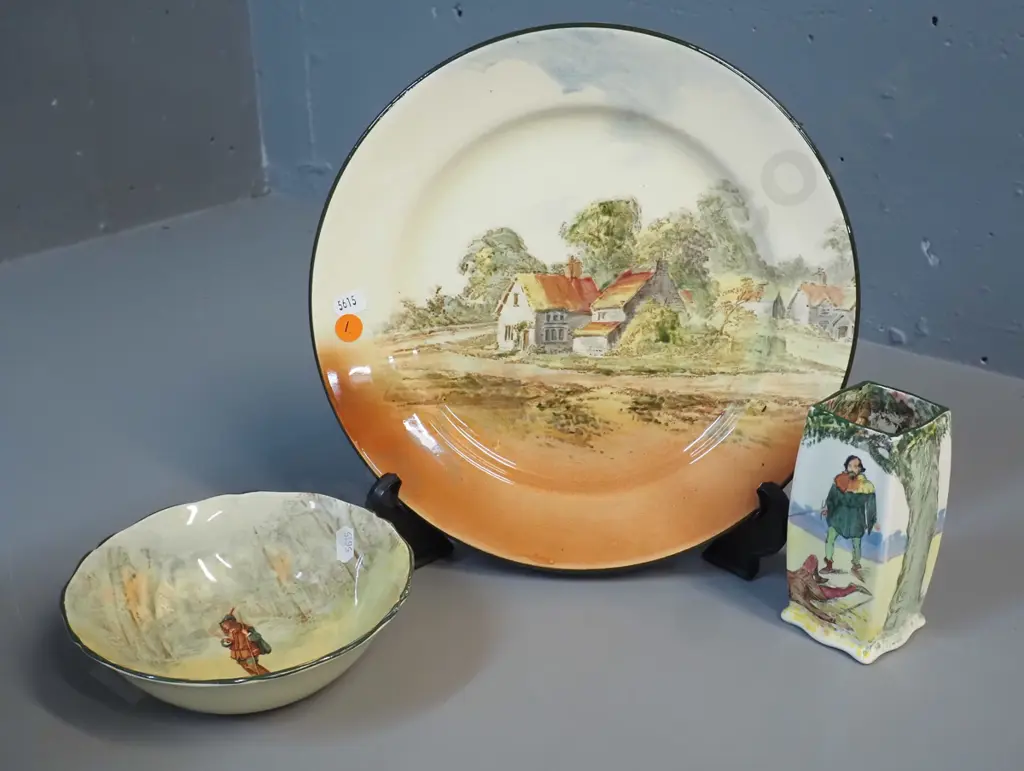 3 pieces of Royal Doulton - Shakespeare Rosamund small bowl, Under the Green Wood Tree small vase and a village scene Image 1++