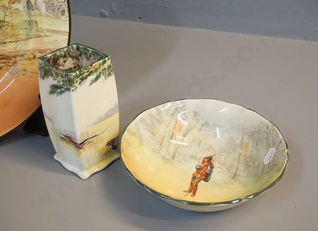 3 pieces of Royal Doulton - Shakespeare Rosamund small bowl, Under the Green Wood Tree small vase and a village scene Image 1++