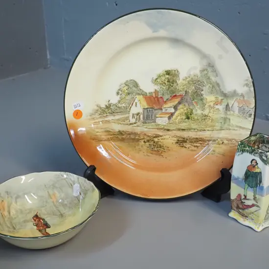 3 pieces of Royal Doulton - Shakespeare Rosamund small bowl, Under the Green Wood Tree small vase and a village scene