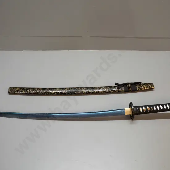 reproduction Japanese sword with corded handle, laquered wooden sheath L-1040