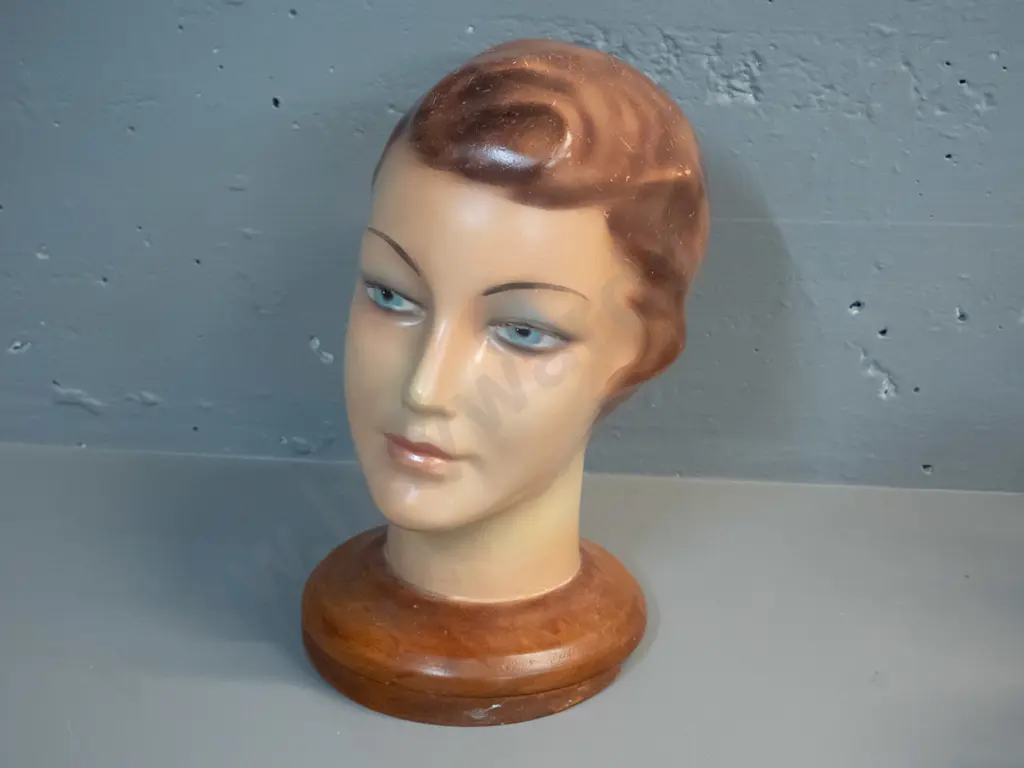 vintage plaster or composite shop display head on wooden base H-340 Image 1++