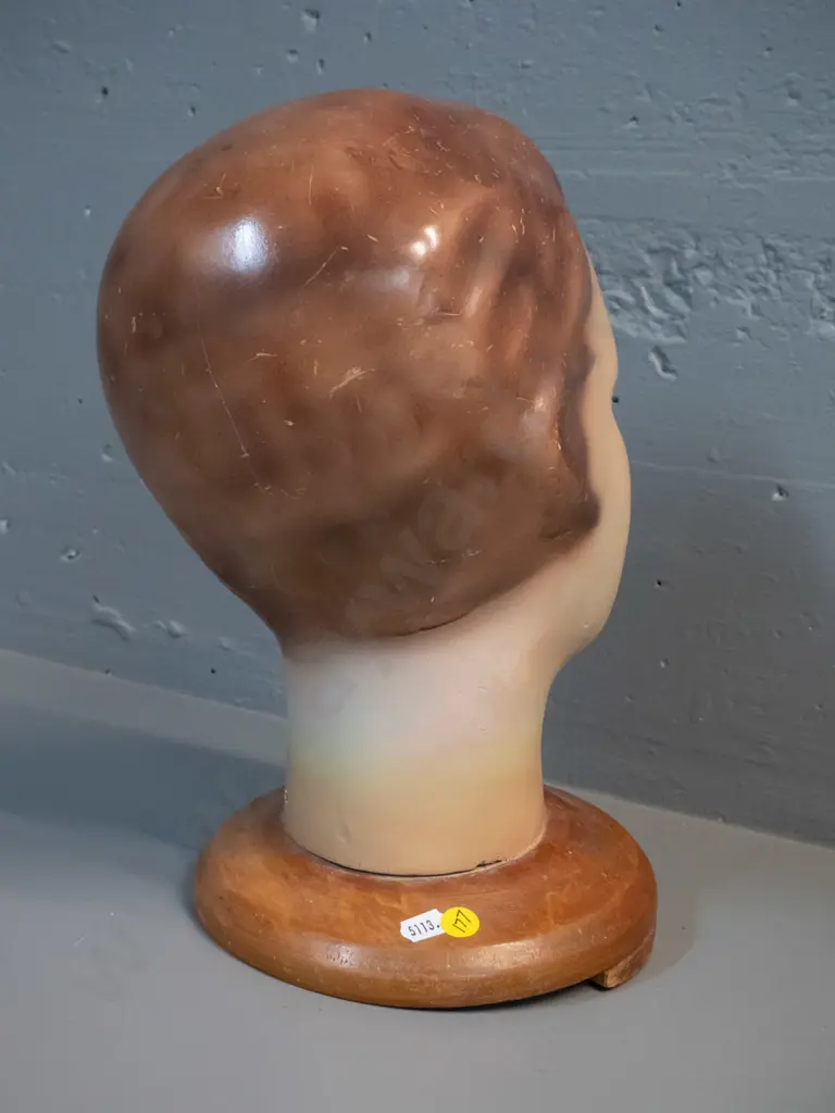 vintage plaster or composite shop display head on wooden base H-340 Image 1++