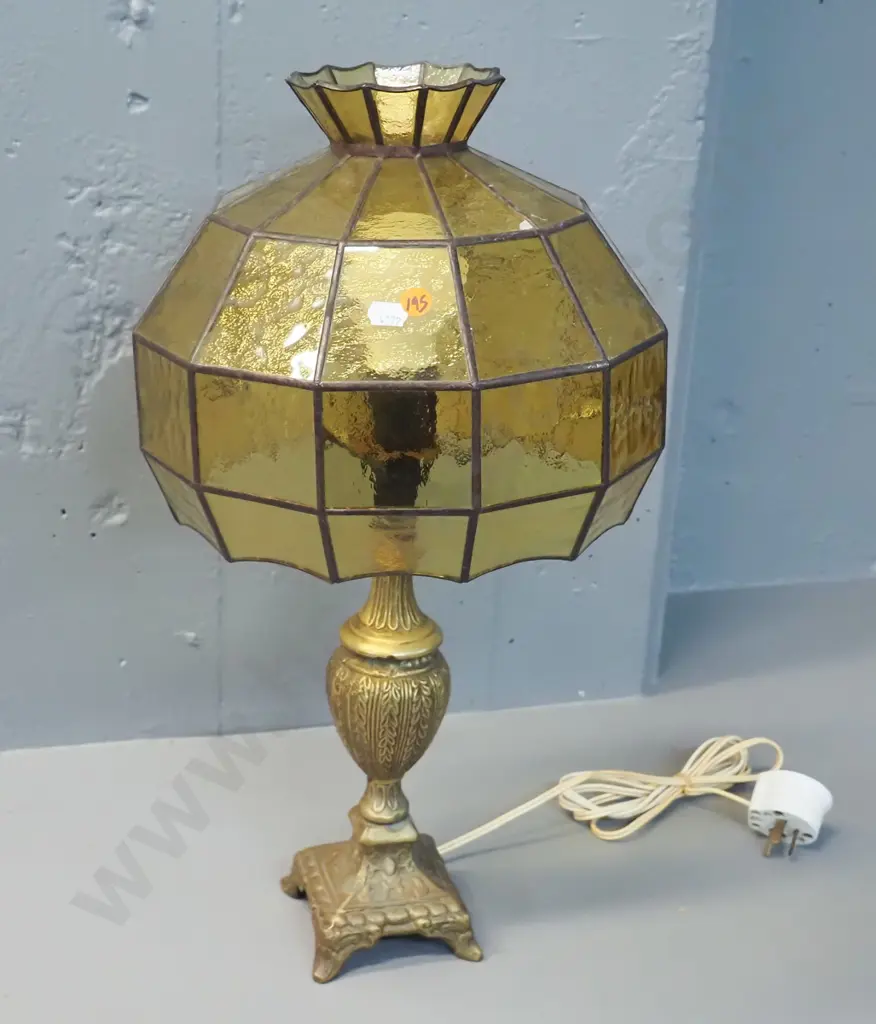 retro cast brass table lamp with amber glass leadlight shade H-520 Shade D-300 Image 1++