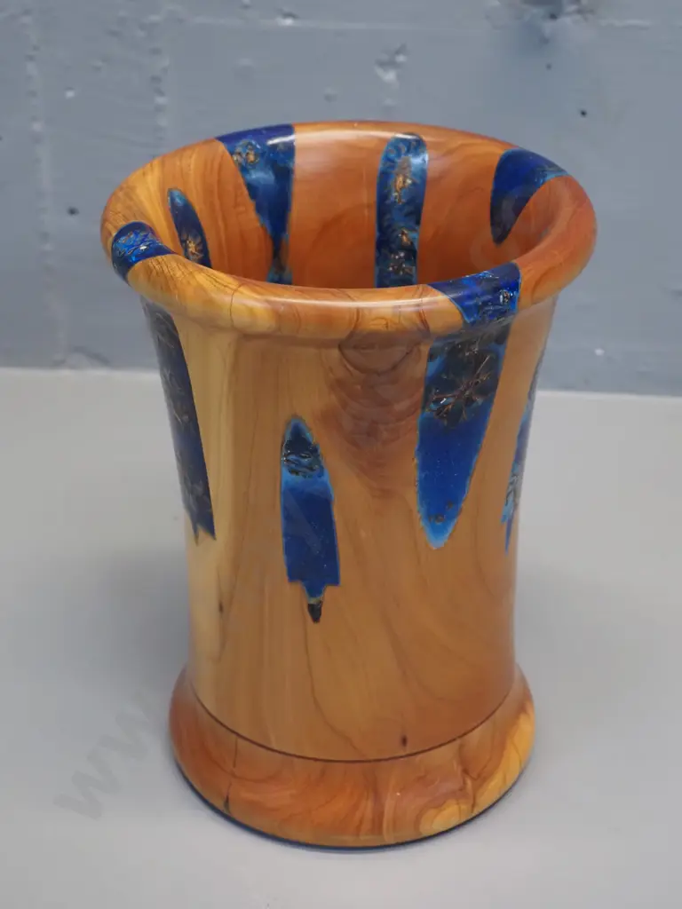 turned timber vase with inset floral decorations in blue resin - minor split to wood. H-190 D-140 Image 1++