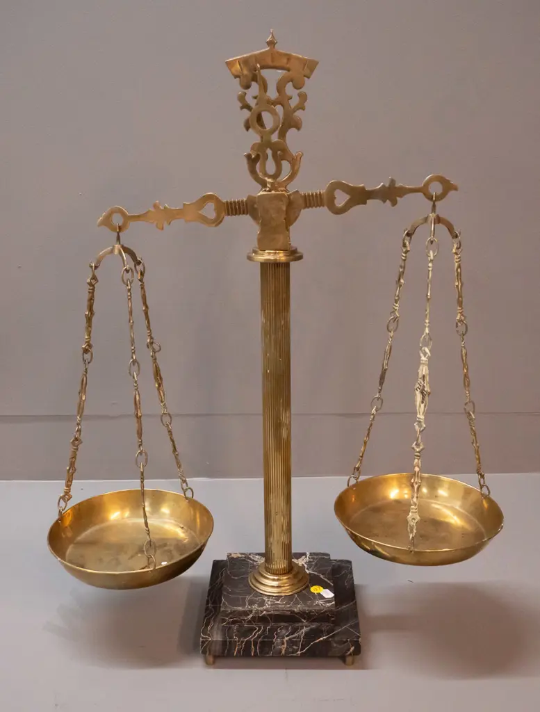 large set of ornamental brass balance scales on marble base H-640 W-500 Image 1++