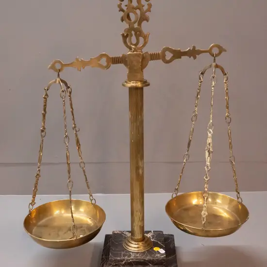 large set of ornamental brass balance scales on marble base H-640 W-500