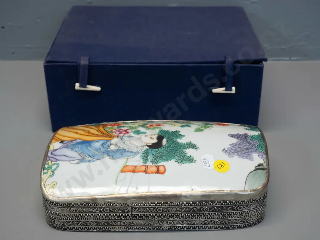 Chinese metal storage / trinket box with hand-painted porcelain top H-50 L-200 W-130 in presentation box H- Image 1++