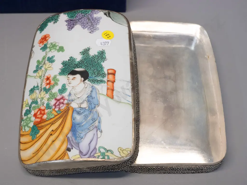 Chinese metal storage / trinket box with hand-painted porcelain top H-50 L-200 W-130 in presentation box H- Image 1++
