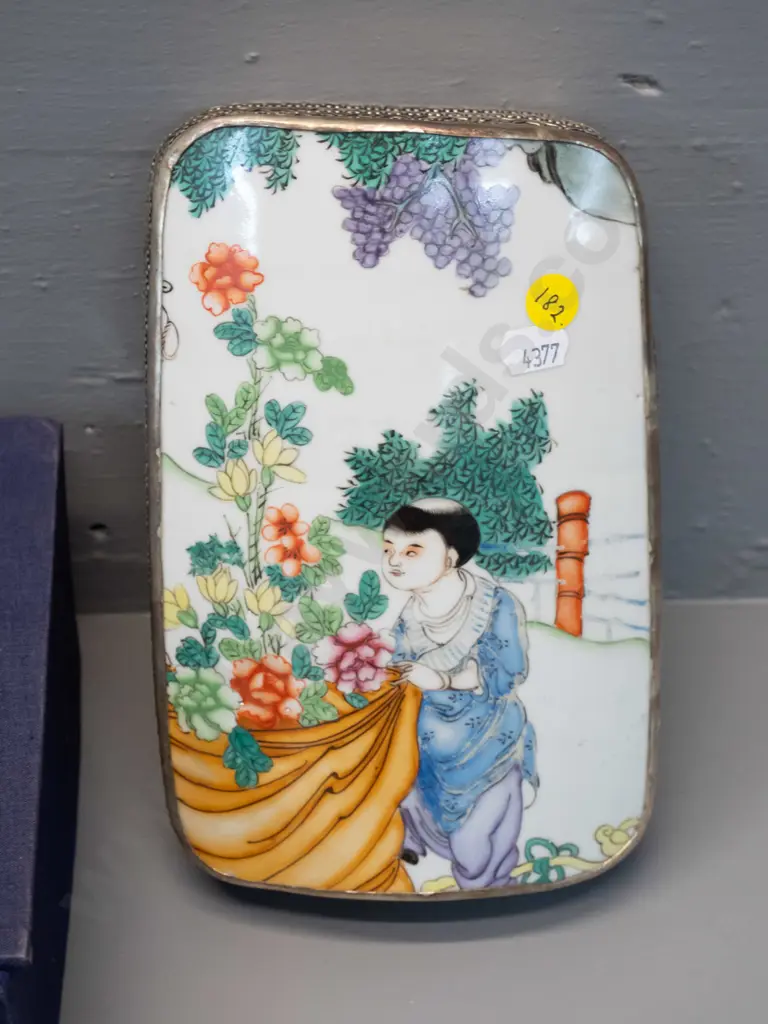Chinese metal storage / trinket box with hand-painted porcelain top H-50 L-200 W-130 in presentation box H- Image 1++