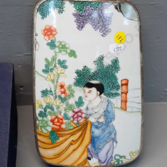 Chinese metal storage / trinket box with hand-painted porcelain top H-50 L-200 W-130 in presentation box H-