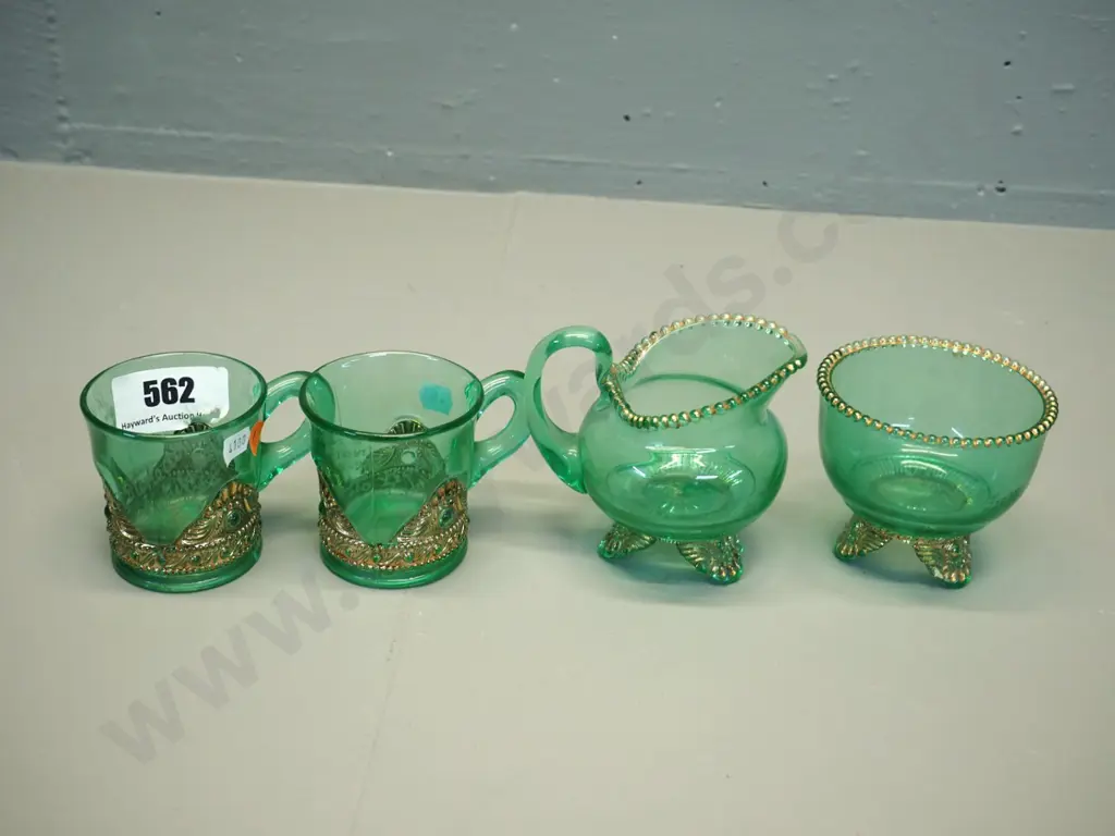 4x  Dunedin Exhibition 1925 uranium glass items - 2x cups, creamer and sugar Image 1++