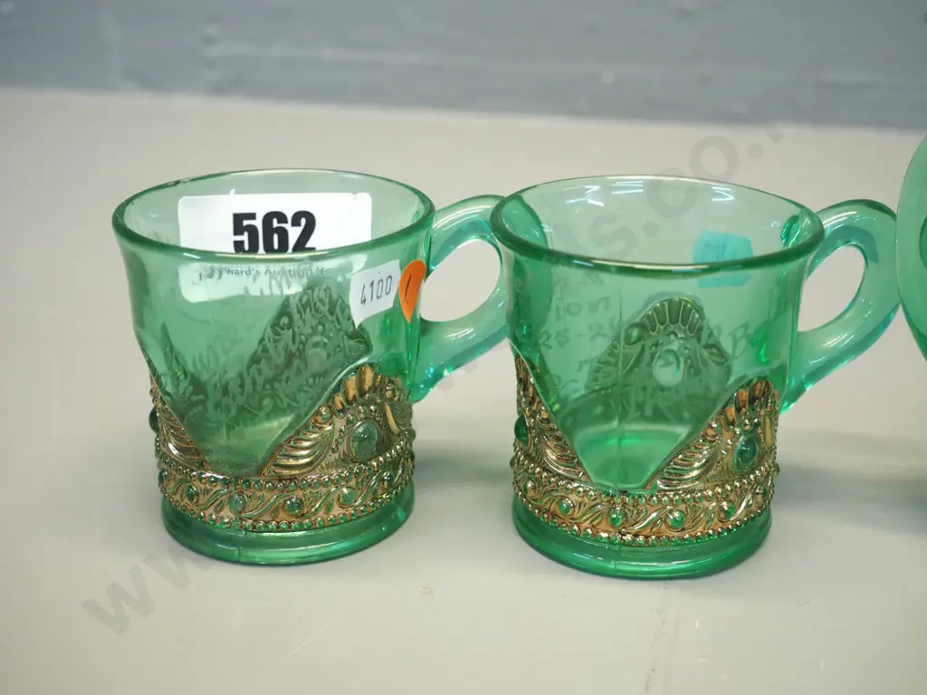 4x  Dunedin Exhibition 1925 uranium glass items - 2x cups, creamer and sugar Image 1++
