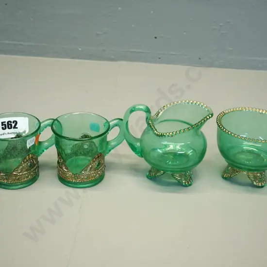 4x  Dunedin Exhibition 1925 uranium glass items - 2x cups, creamer and sugar