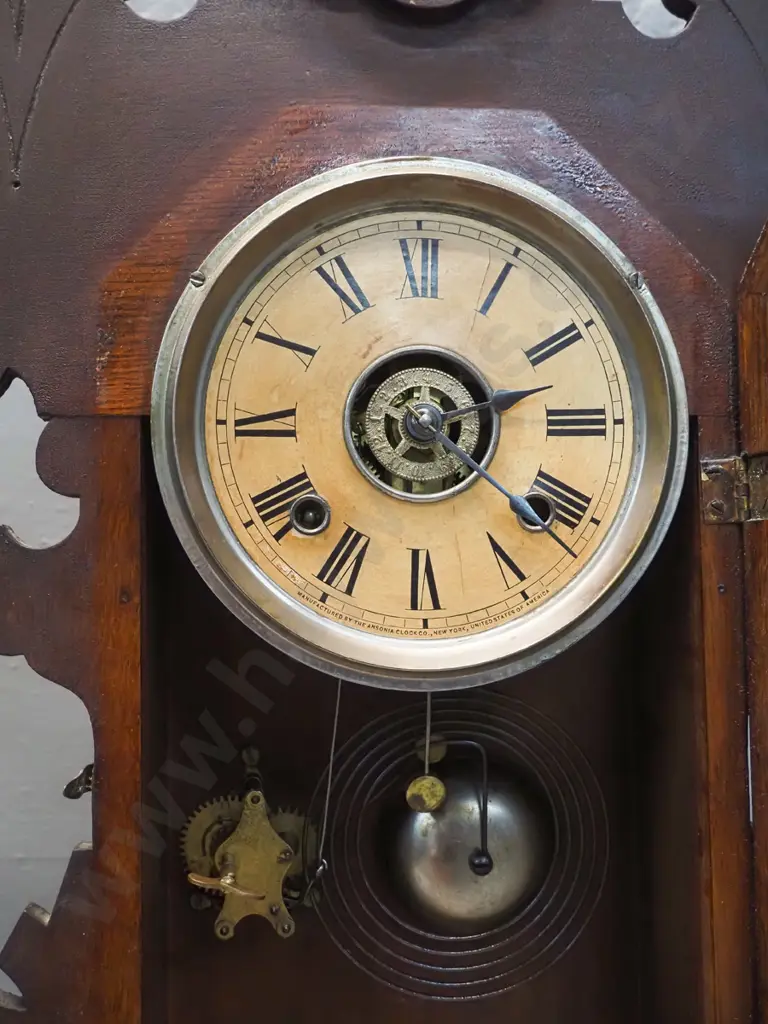 Ansonia mantel clock with alarm, etched glass front, carved timber case, pendulum and key - untested H-570 W-320 Image 1++