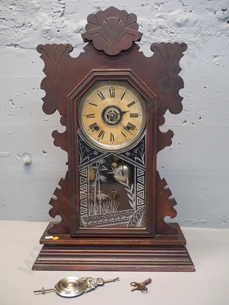 Ansonia mantel clock with alarm, etched glass front, carved timber case, pendulum and key - untested H-570 W-320 Image 1++