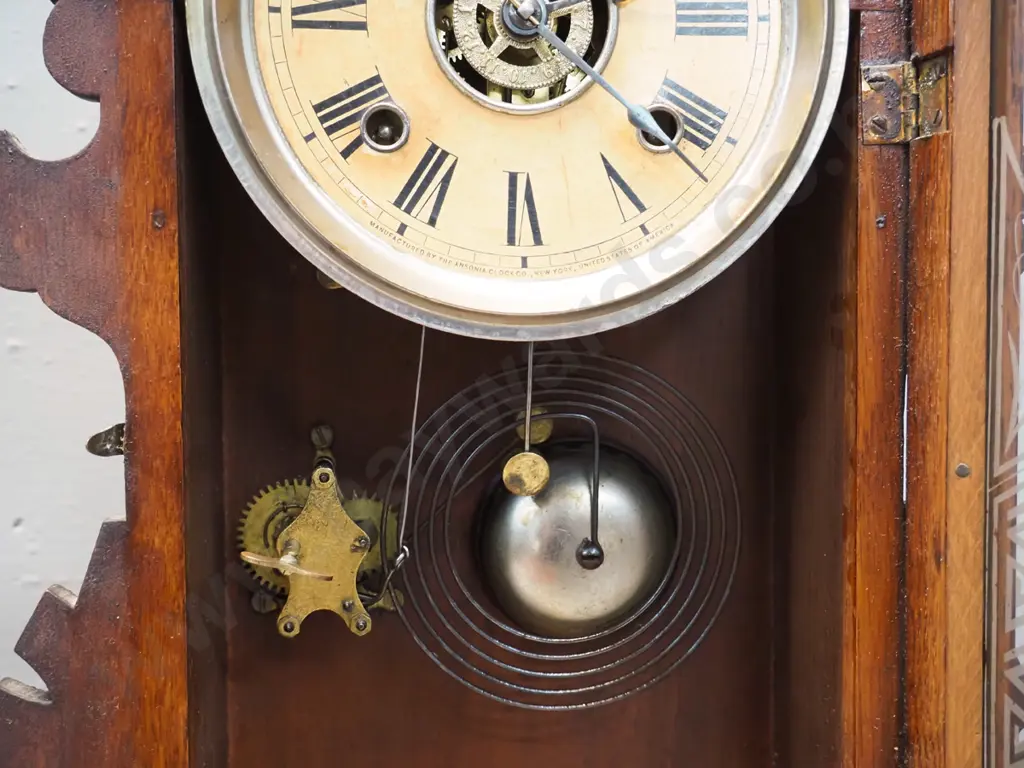 Ansonia mantel clock with alarm, etched glass front, carved timber case, pendulum and key - untested H-570 W-320 Image 1++