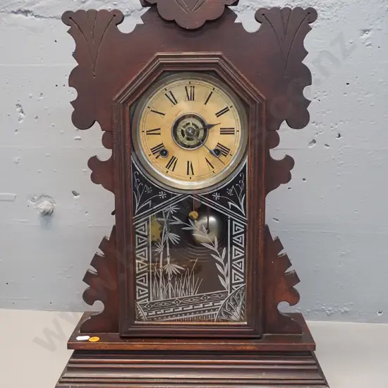 Ansonia mantel clock with alarm, etched glass front, carved timber case, pendulum and key - untested H-570 W-320